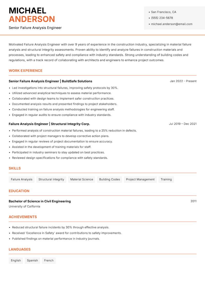 Failure Analysis Engineer resume sample — Senior Failure Analysis Engineer focus