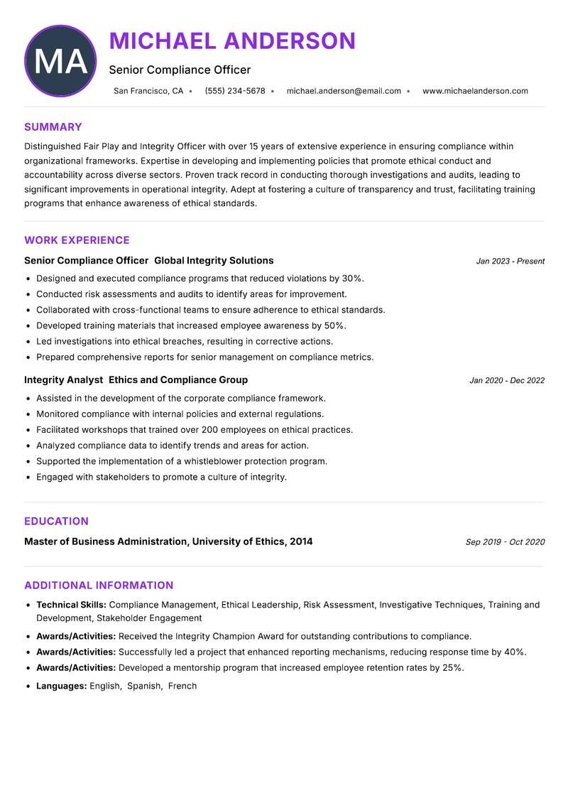 Fair Play and Integrity Officer resume example