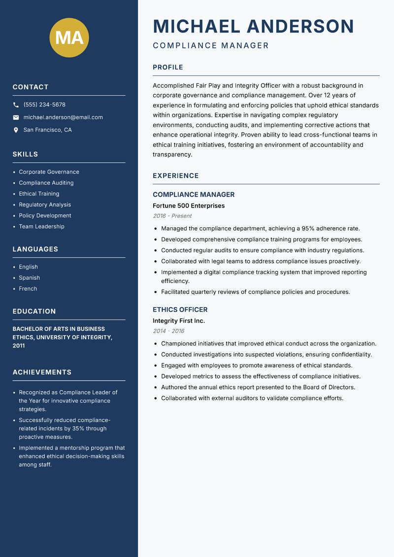 Fair Play and Integrity Officer resume sample — Compliance Manager focus