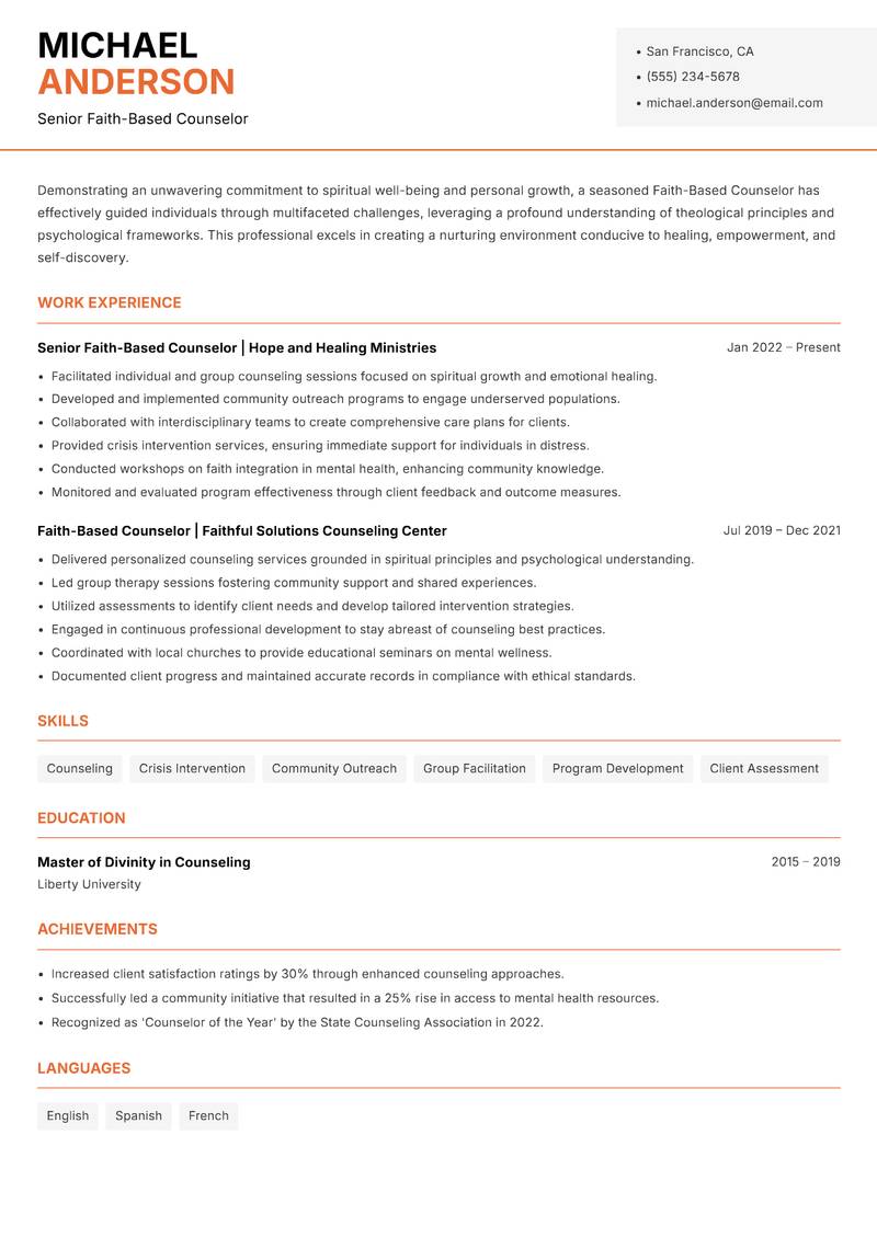 Faith-Based Counselor resume sample — Senior Faith-Based Counselor focus