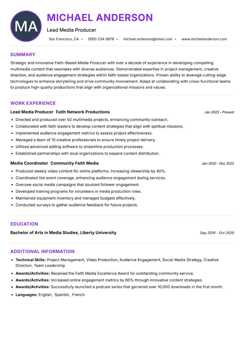 Faith-Based Media Producer resume example