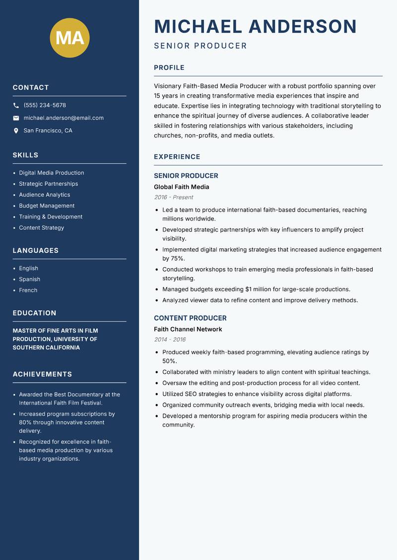 Faith-Based Media Producer resume sample — Senior Producer focus