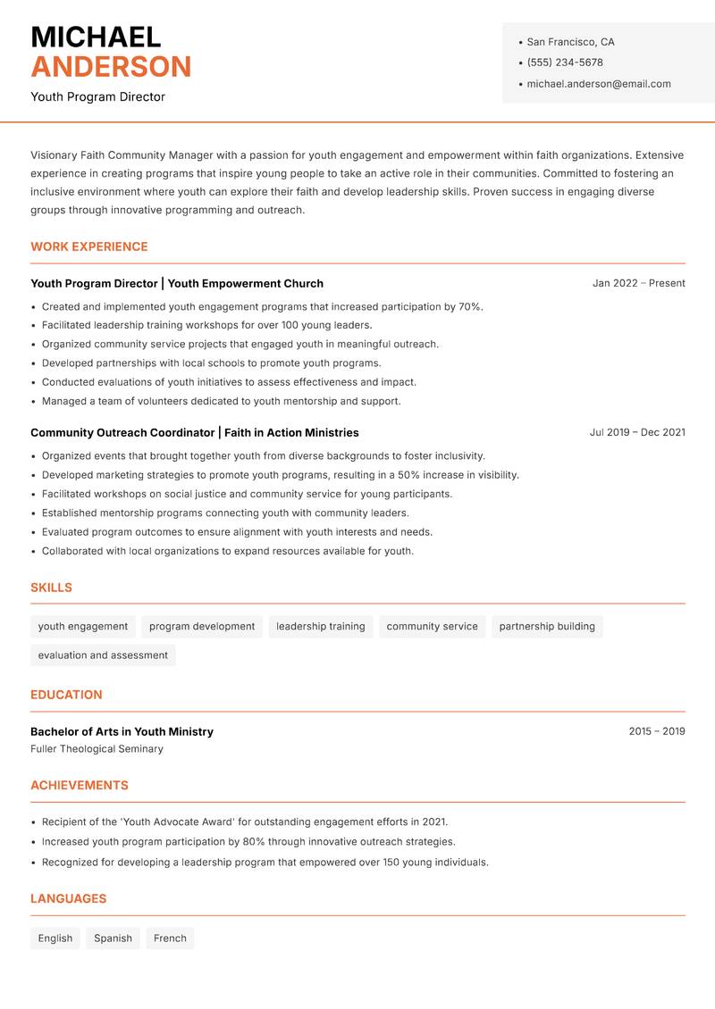 Faith Community Manager resume sample — Youth Program Director focus