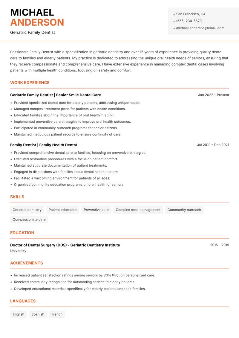 Family Dentist resume sample — Geriatric Family Dentist focus