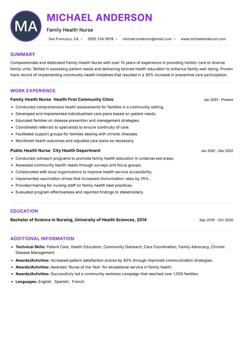 Family Health Nurse resume example