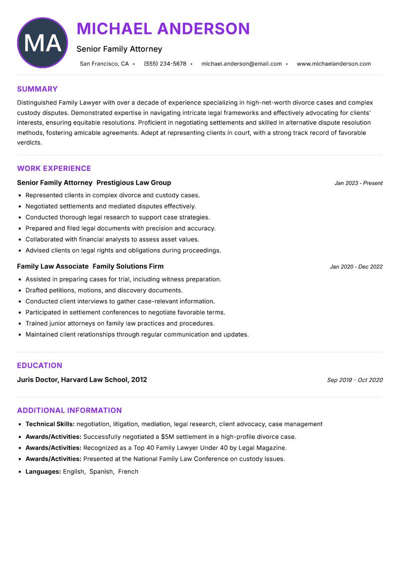 Family Lawyer resume example