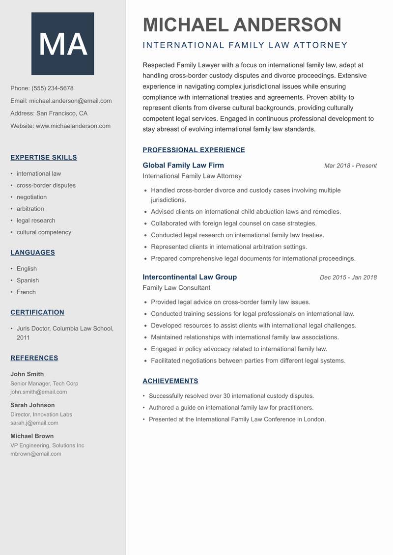 Family Lawyer resume sample — International Family Law Attorney focus