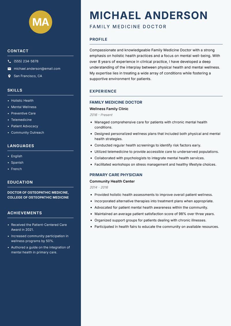 Family Medicine Doctor resume sample — Family Medicine Doctor focus