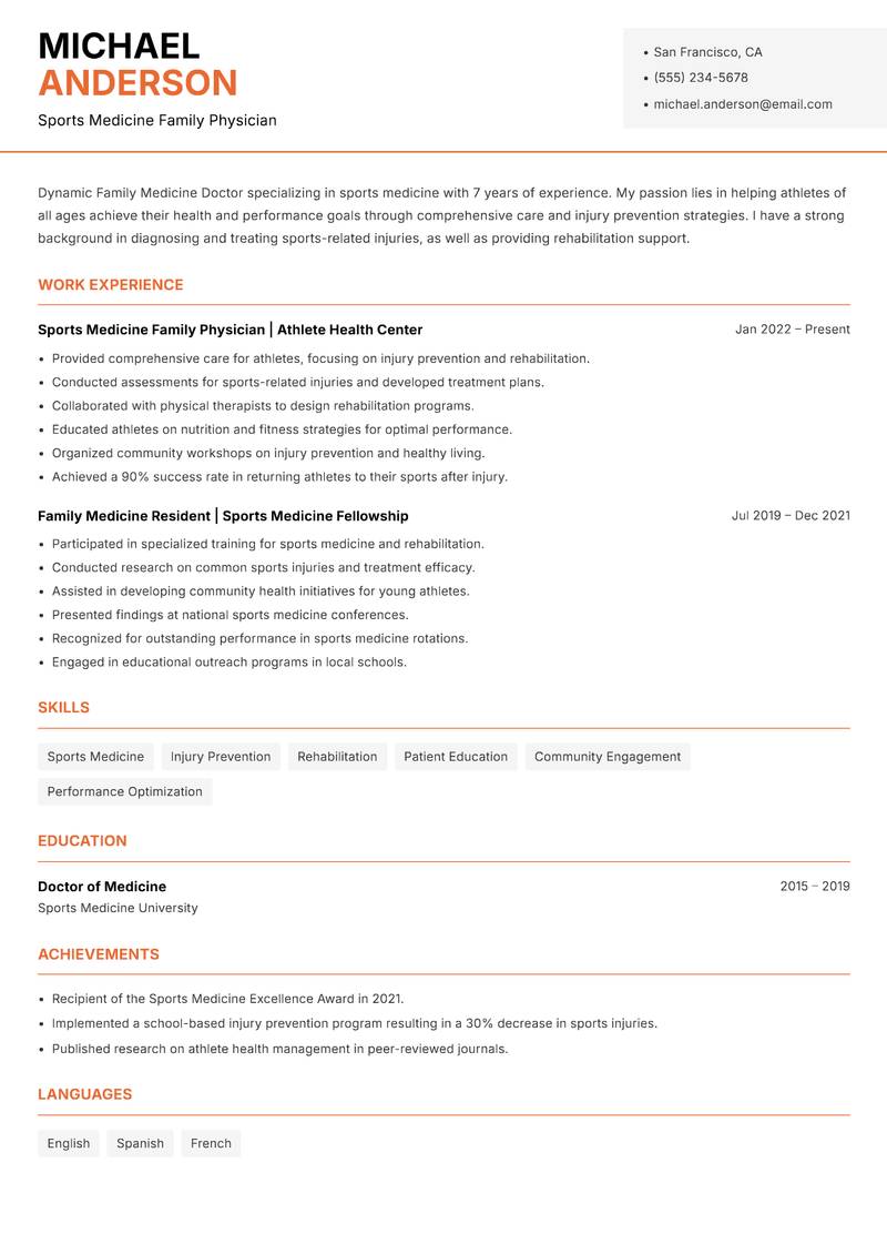 Family Medicine Doctor resume sample — Sports Medicine Family Physician focus