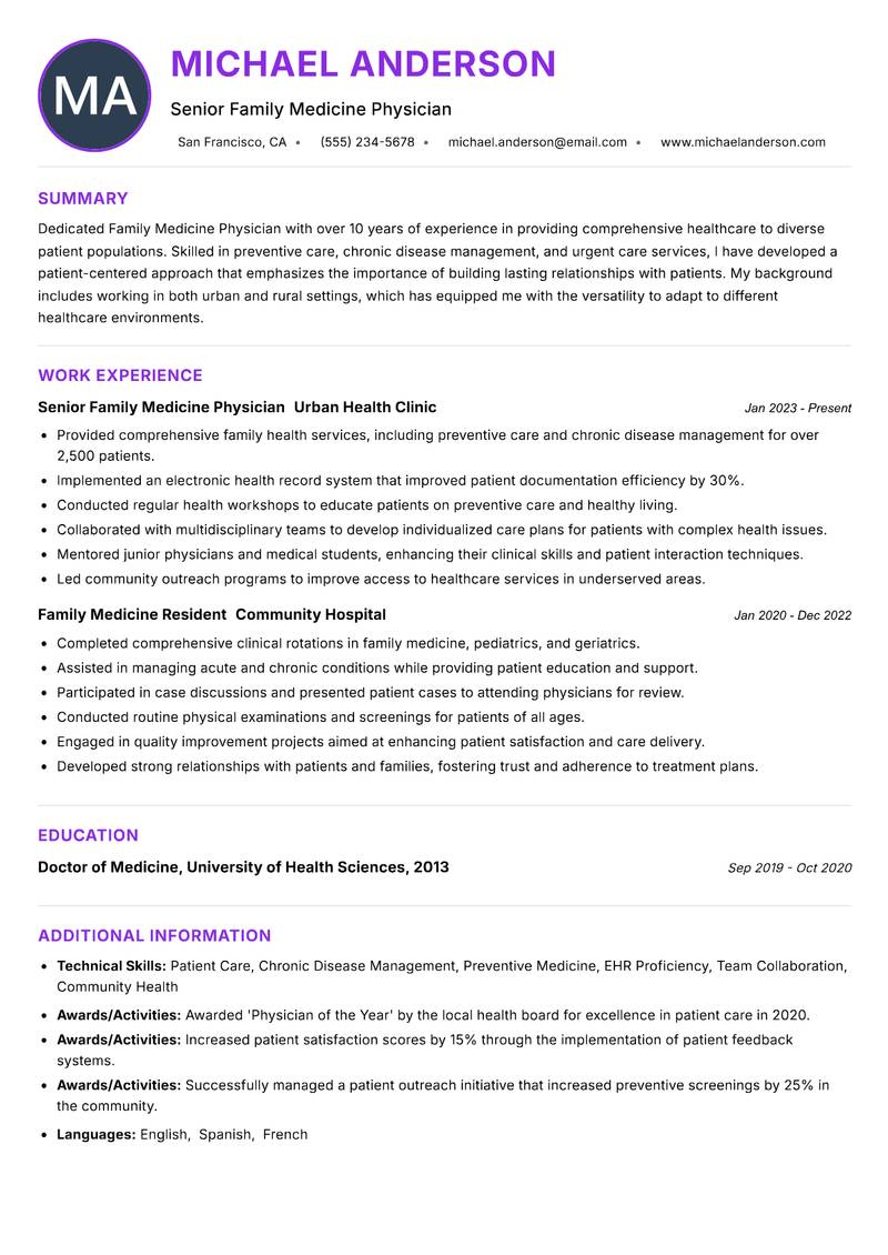 Family Medicine Physician resume example