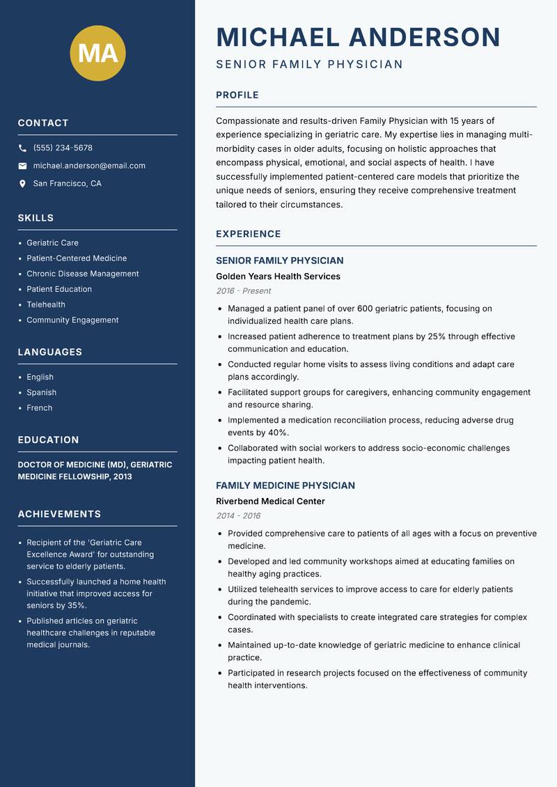 Family Physician resume sample — Senior Family Physician focus