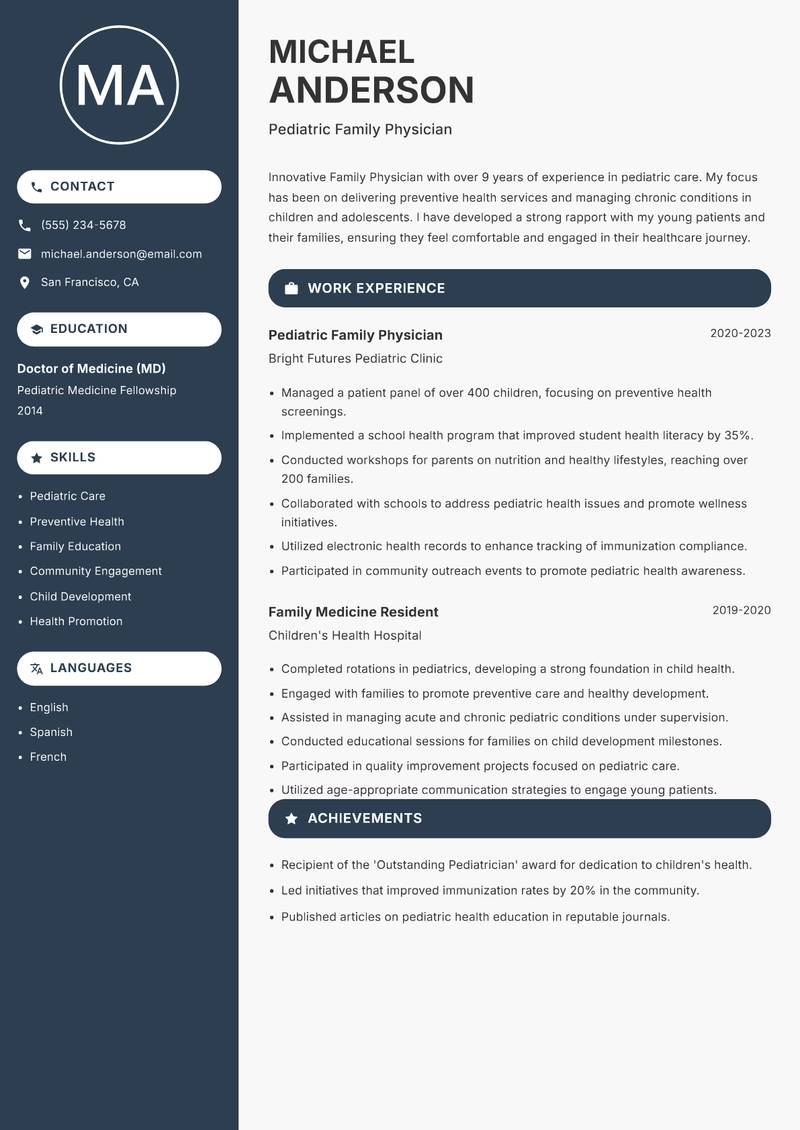 Family Physician resume sample — Pediatric Family Physician focus