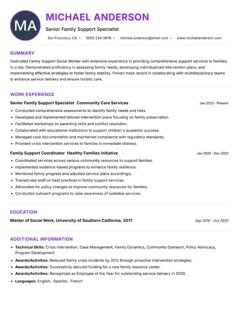 Family Support Social Worker resume example
