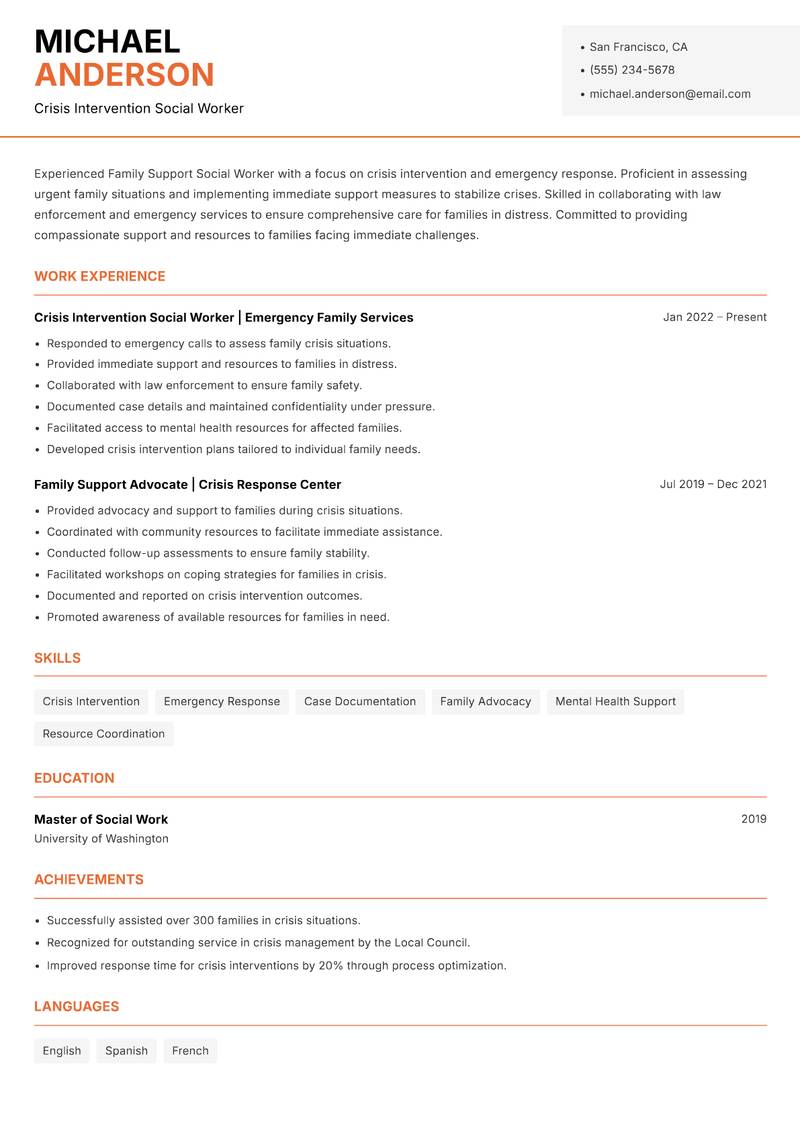 Family Support Social Worker resume sample — Crisis Intervention Social Worker focus
