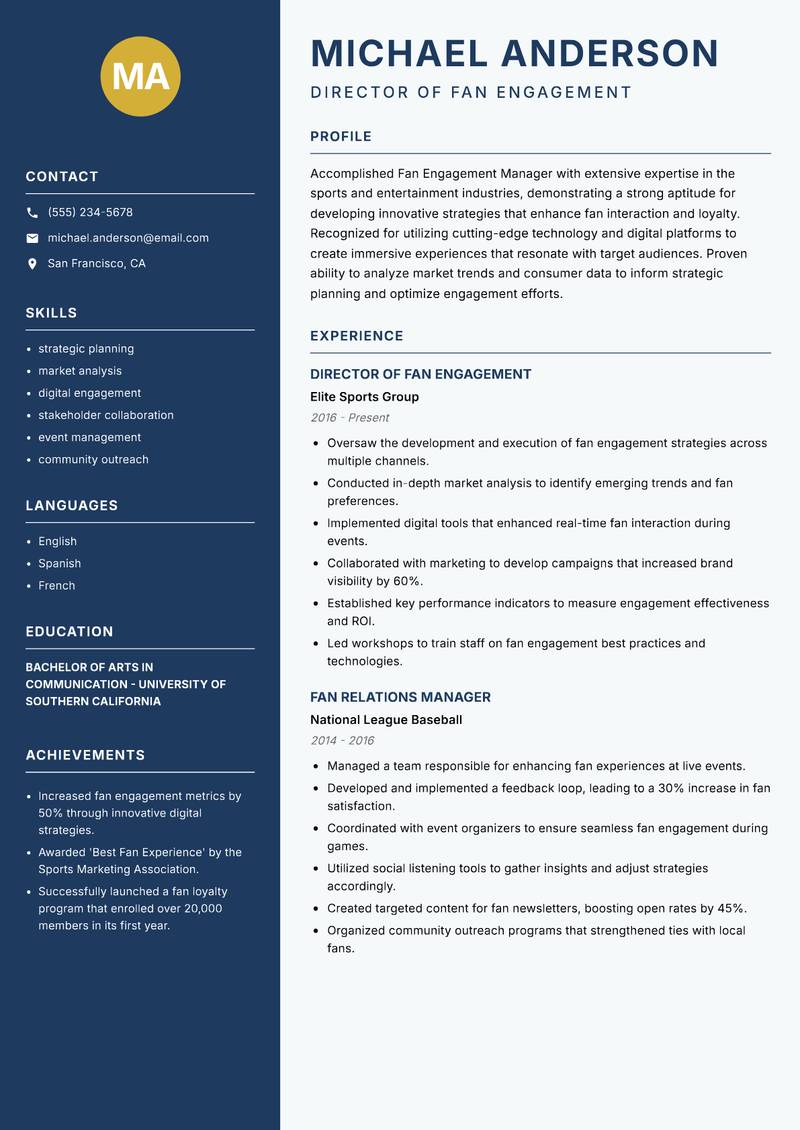Fan Engagement Manager resume sample — Director of Fan Engagement focus