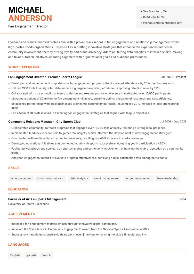 Fan Engagement Manager resume sample — Fan Engagement Director focus
