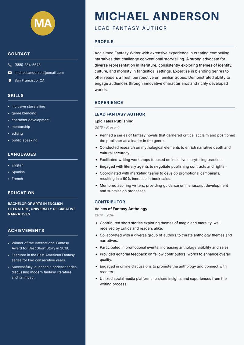 Fantasy Writer resume sample — Lead Fantasy Author focus