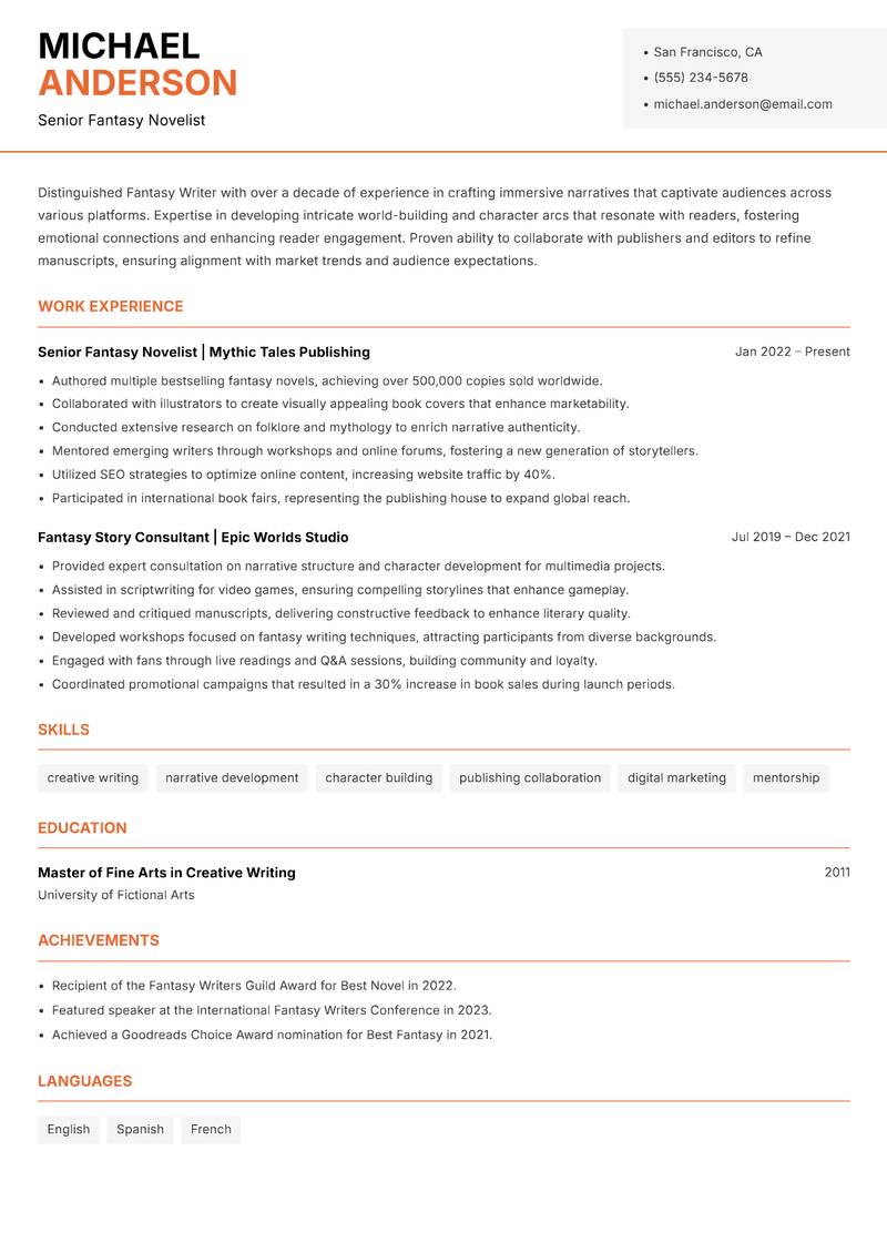 Fantasy Writer resume sample — Senior Fantasy Novelist focus