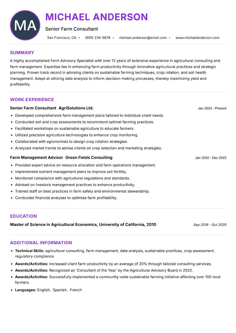 Farm Advisory Specialist resume example