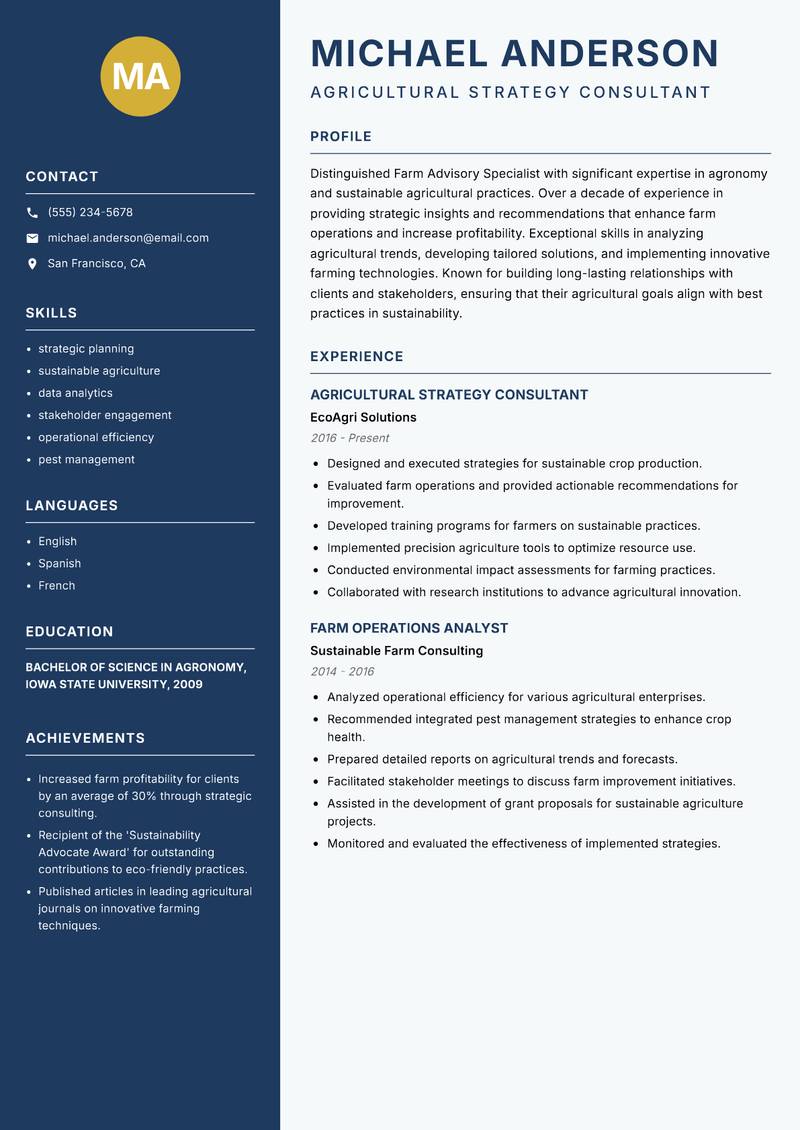 Farm Advisory Specialist resume sample — Agricultural Strategy Consultant focus