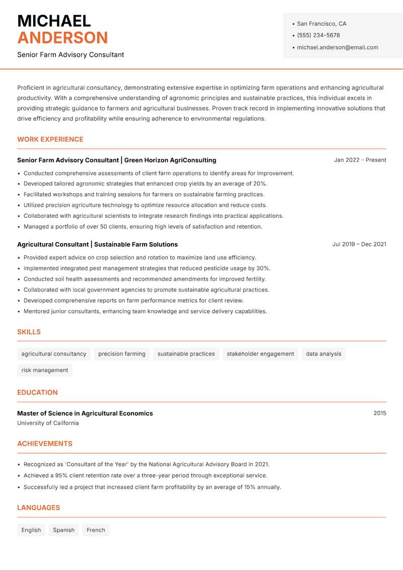Farm Advisory Specialist resume sample — Senior Farm Advisory Consultant focus