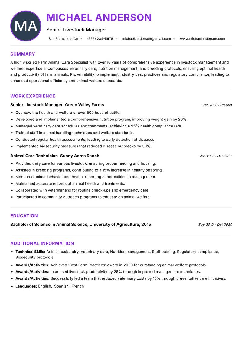 Farm Animal Care Specialist resume example