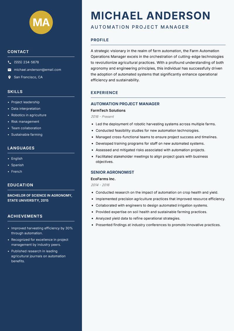 Farm Automation Operations Manager resume sample — Automation Project Manager focus