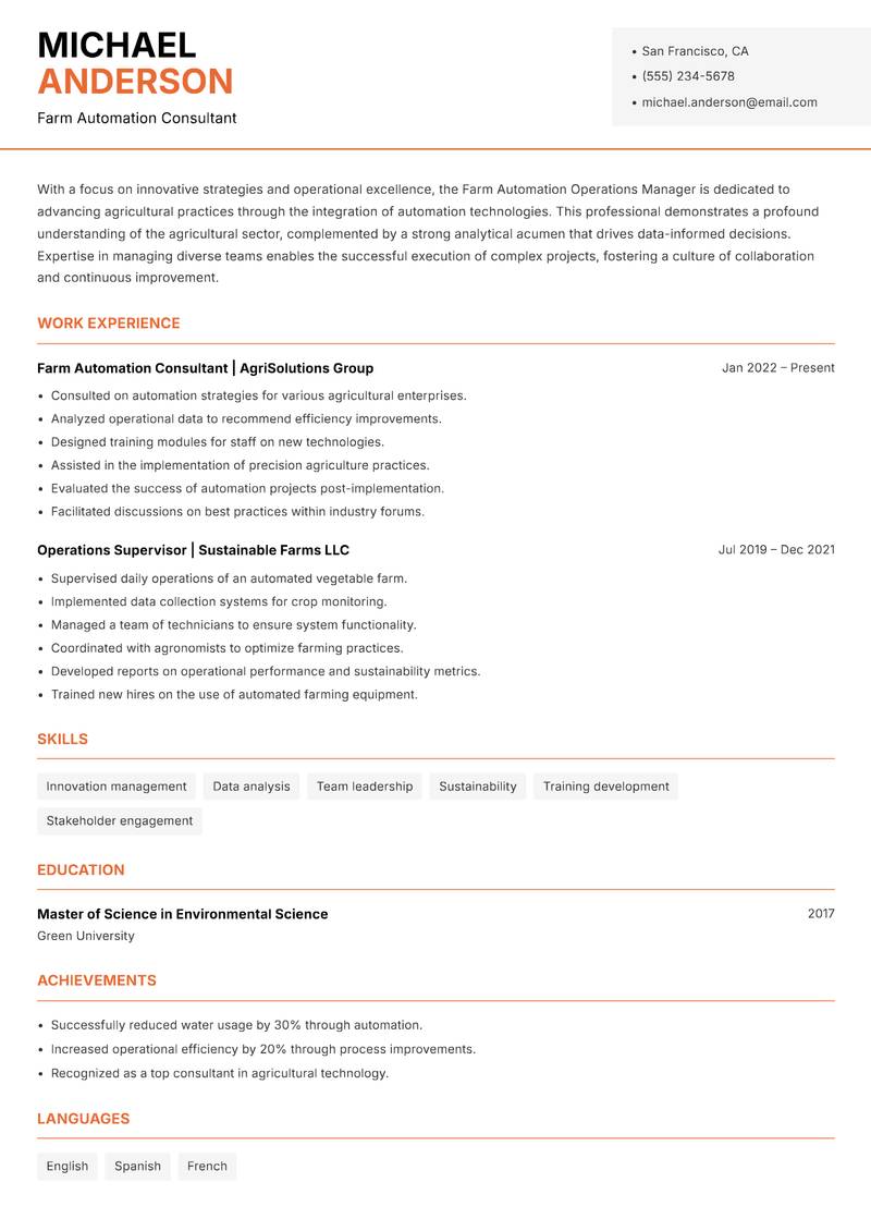Farm Automation Operations Manager resume sample — Farm Automation Consultant focus