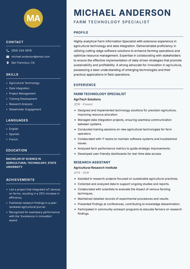 Farm Information Specialist resume sample — Farm Technology Specialist focus