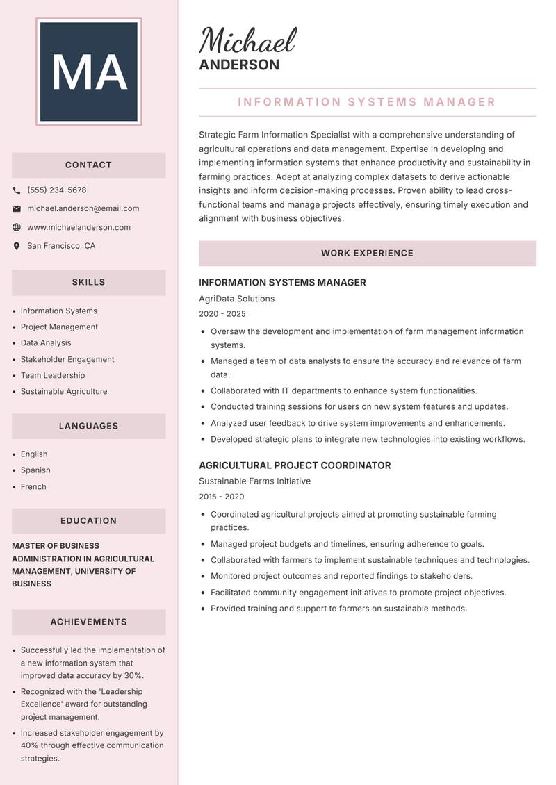 Farm Information Specialist resume sample — Information Systems Manager focus