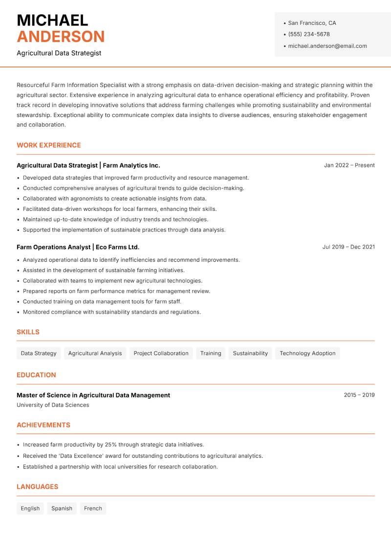 Farm Information Specialist resume sample — Agricultural Data Strategist focus