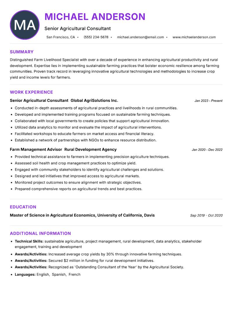 Farm Livelihood Specialist resume example