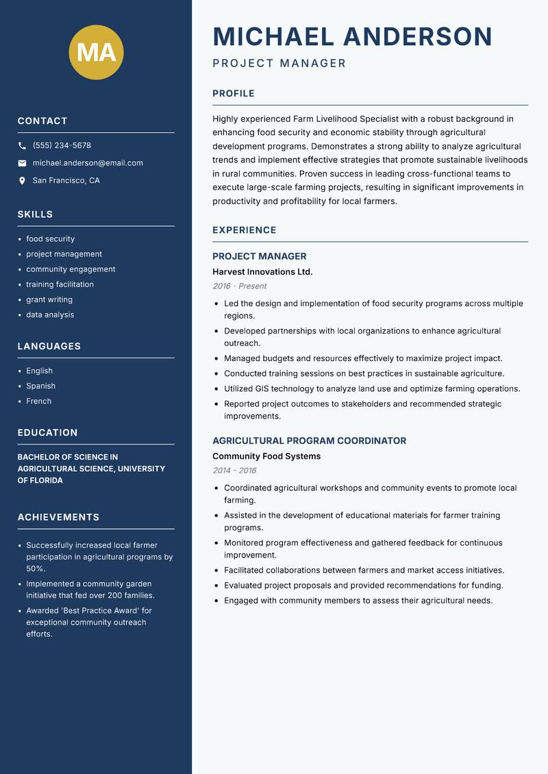 Farm Livelihood Specialist resume sample — Project Manager focus