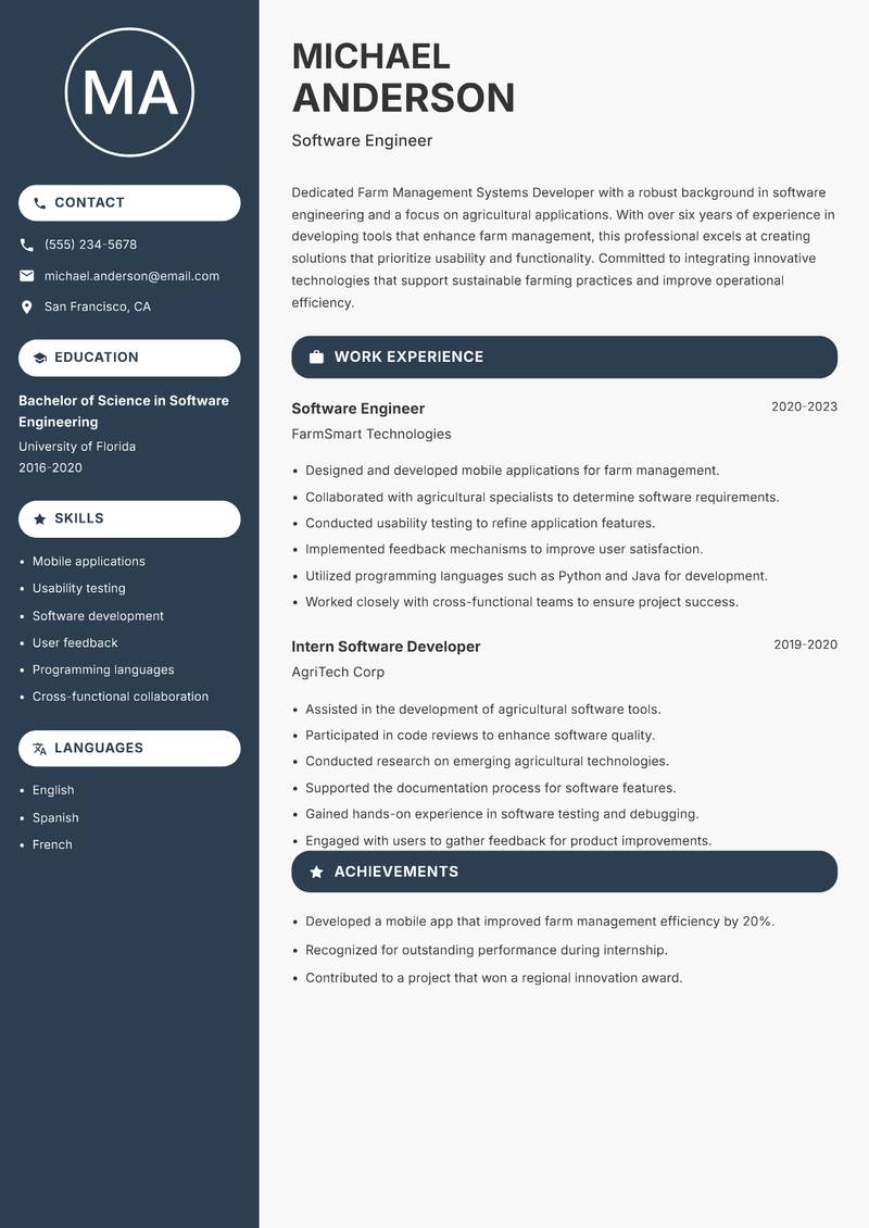 Farm Management Systems Developer resume sample — Software Engineer focus