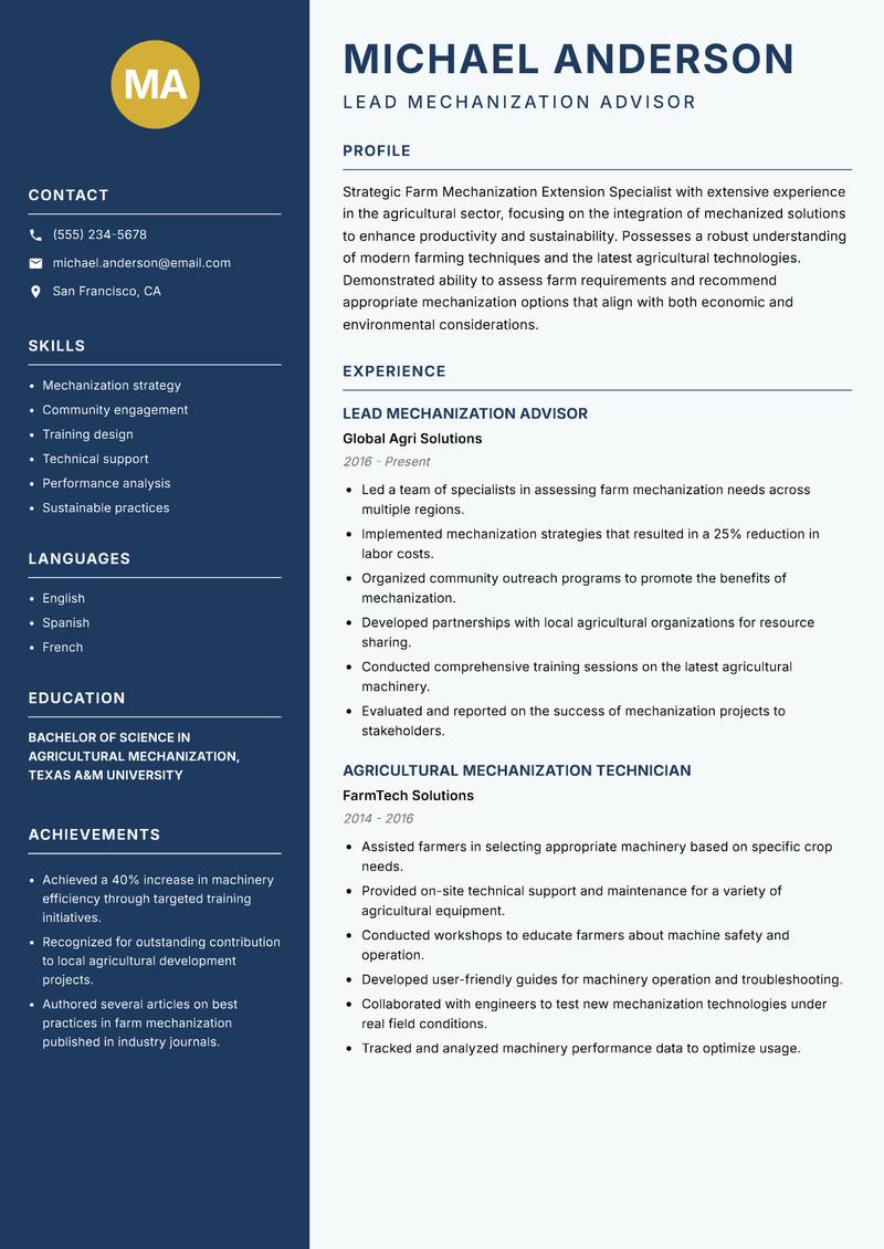 Farm Mechanization Extension Specialist resume sample — Lead Mechanization Advisor focus