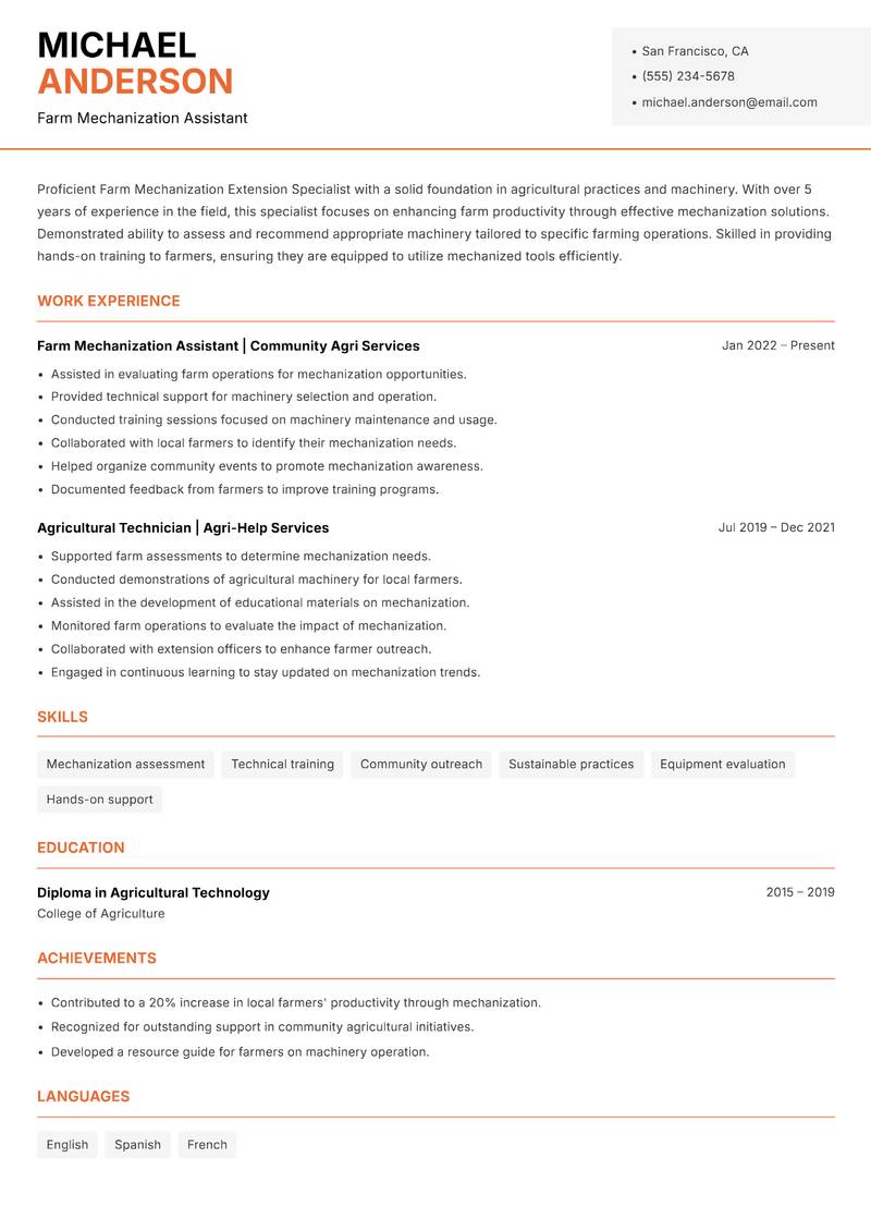 Farm Mechanization Extension Specialist resume sample — Farm Mechanization Assistant focus