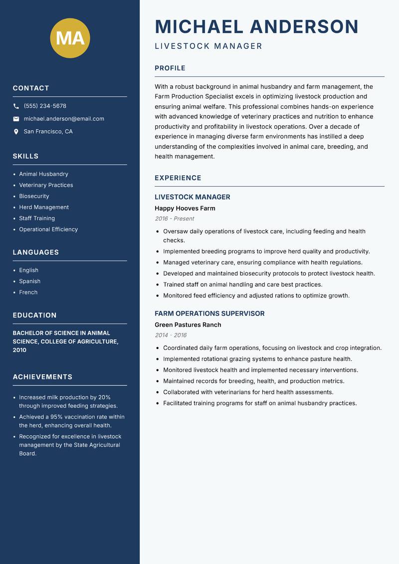 Farm Production Specialist resume sample — Livestock Manager focus