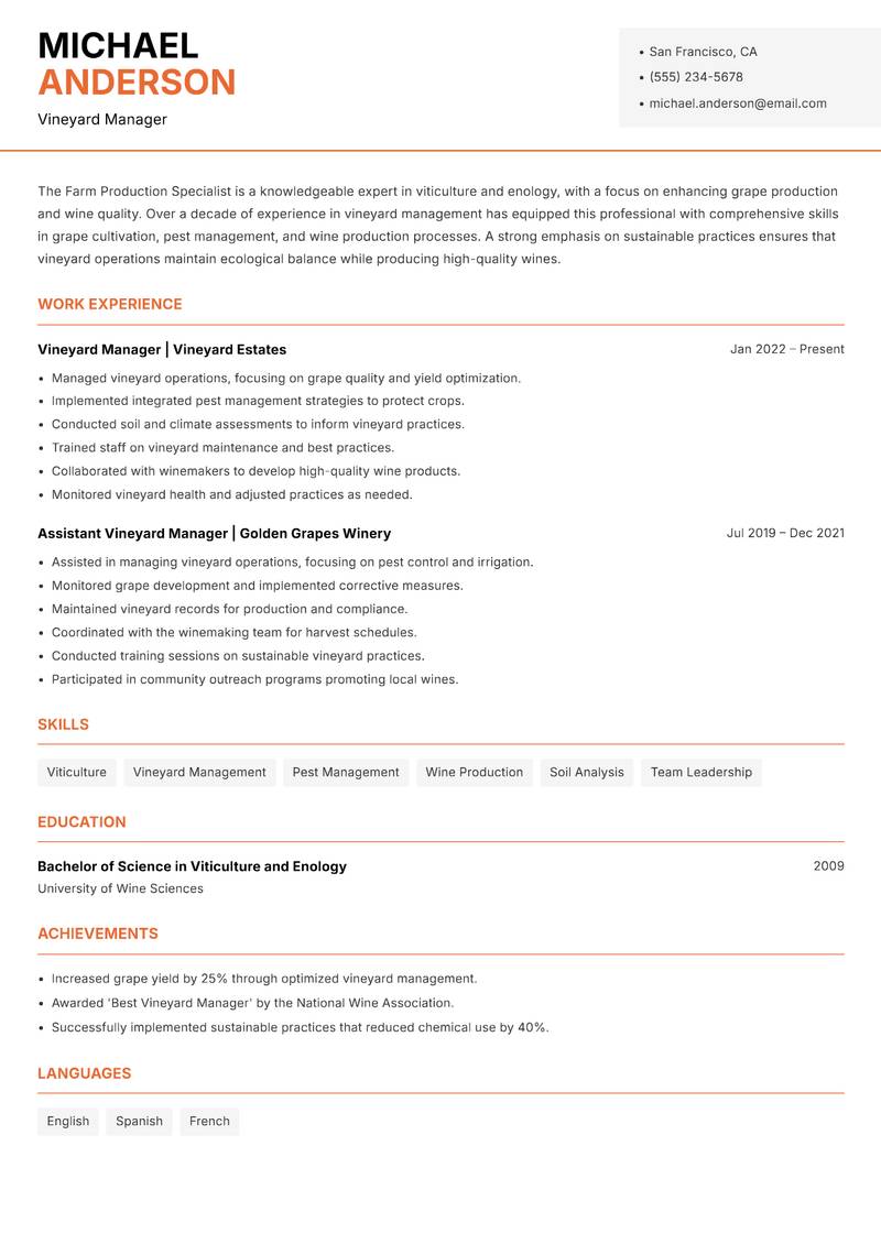 Farm Production Specialist resume sample — Vineyard Manager focus
