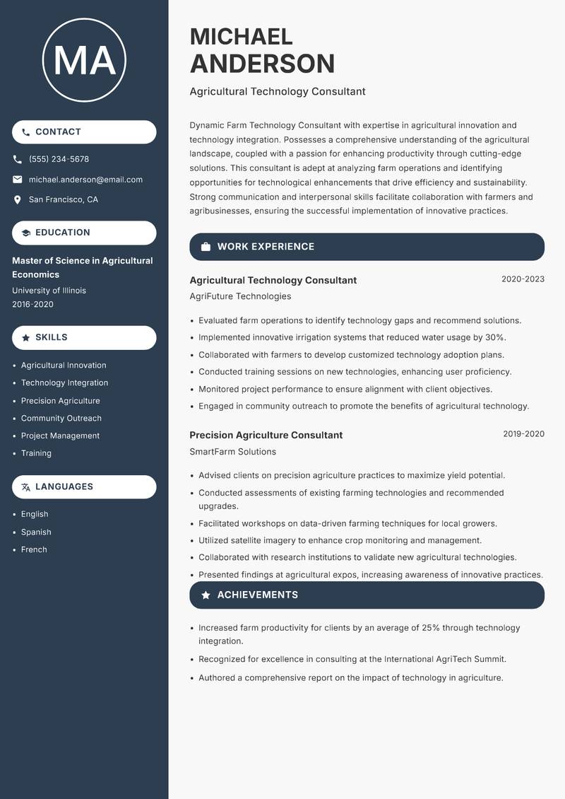 Farm Technology Consultant resume sample — Agricultural Technology Consultant focus