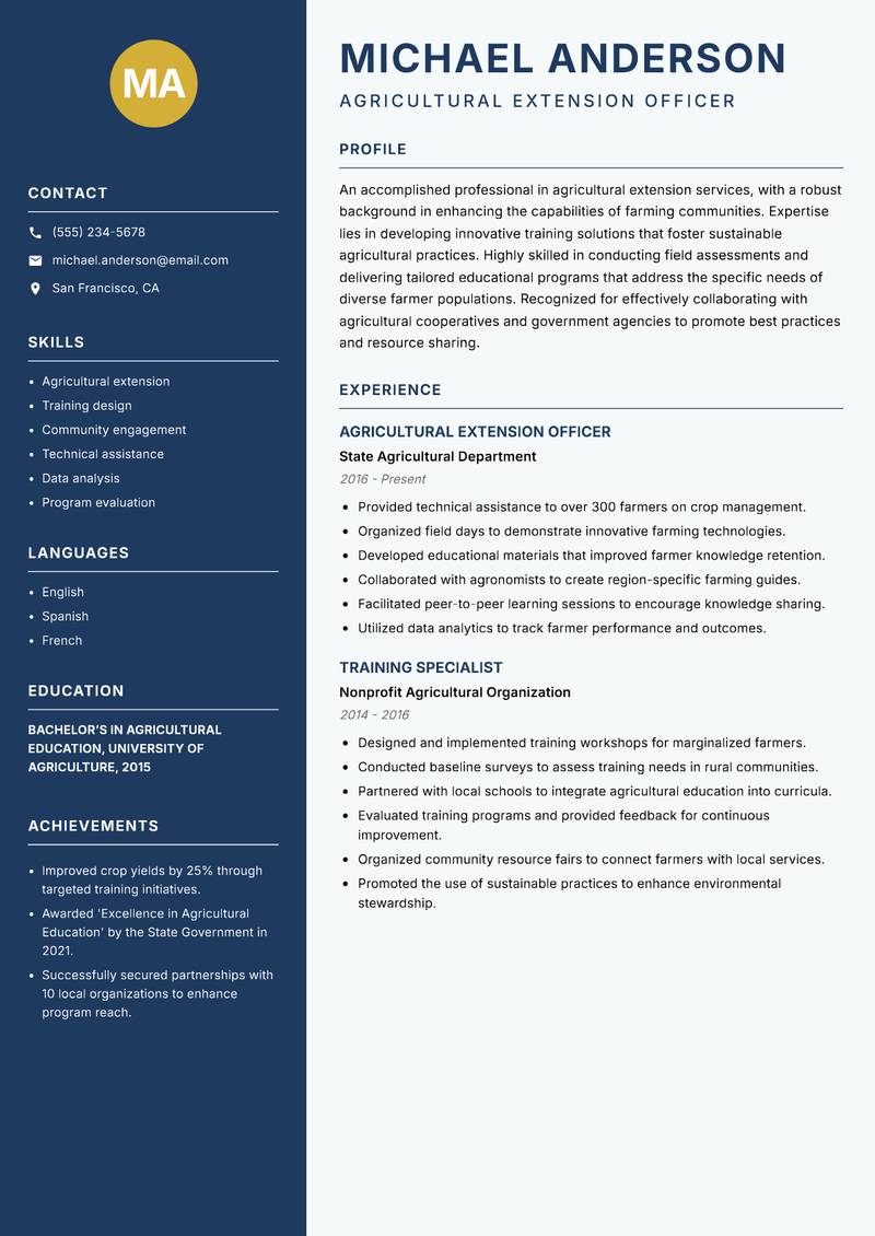 Farmer Capacity Building Specialist resume sample — Agricultural Extension Officer focus