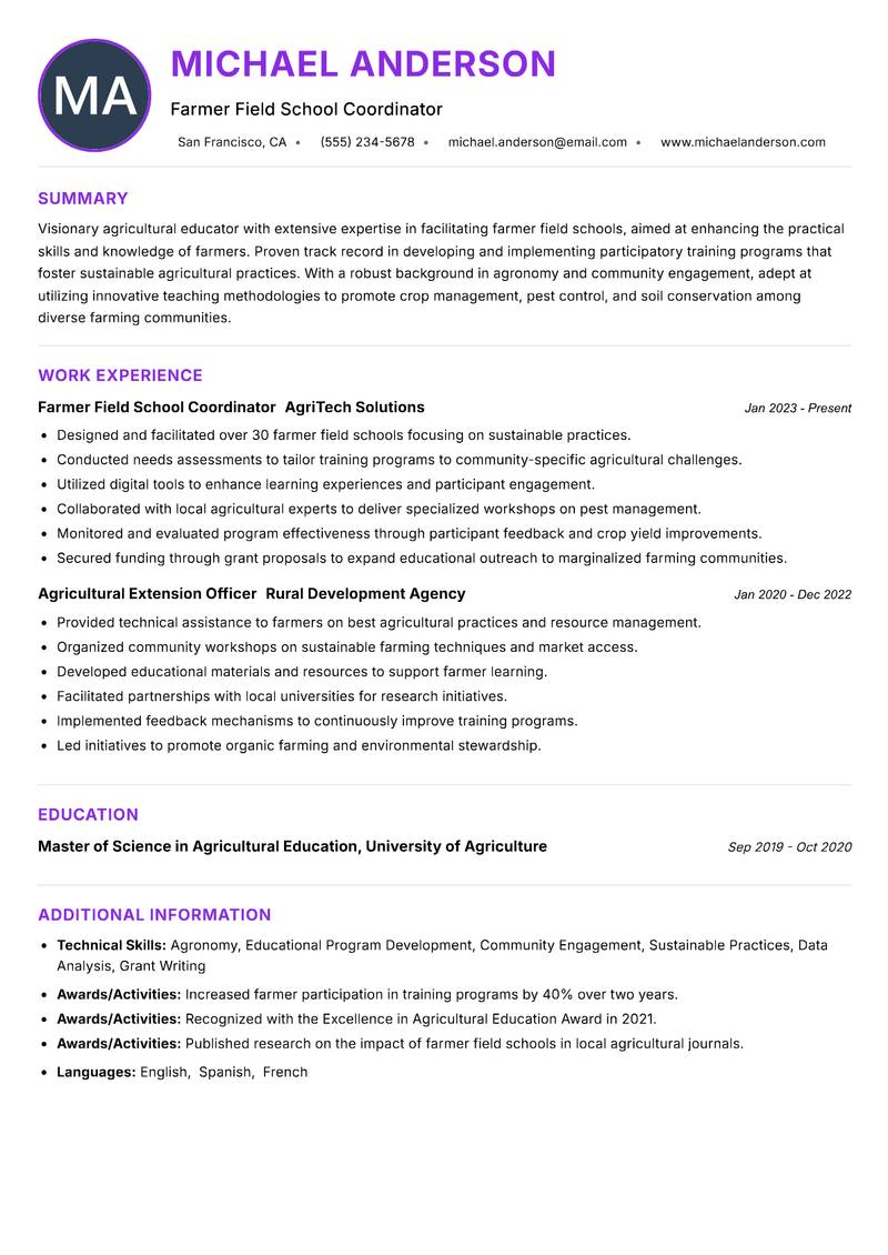 Farmer Field School Facilitator resume example