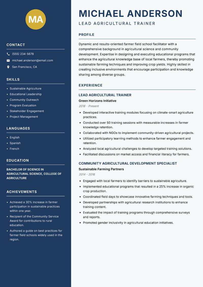 Farmer Field School Facilitator resume sample — Lead Agricultural Trainer focus