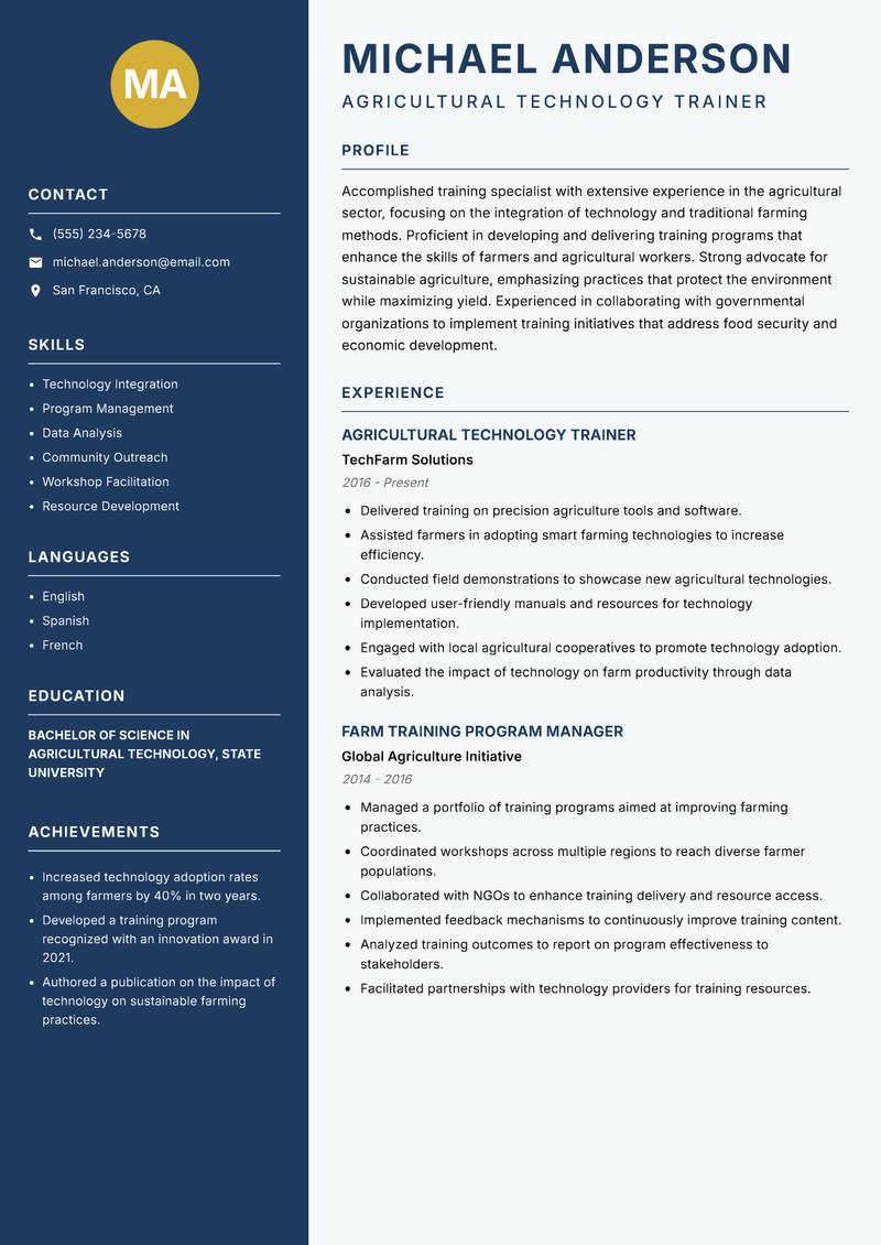 Farmer Training Specialist resume sample — Agricultural Technology Trainer focus