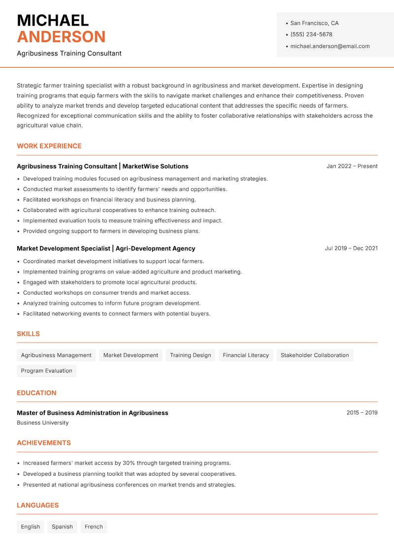Farmer Training Specialist resume sample — Agribusiness Training Consultant focus