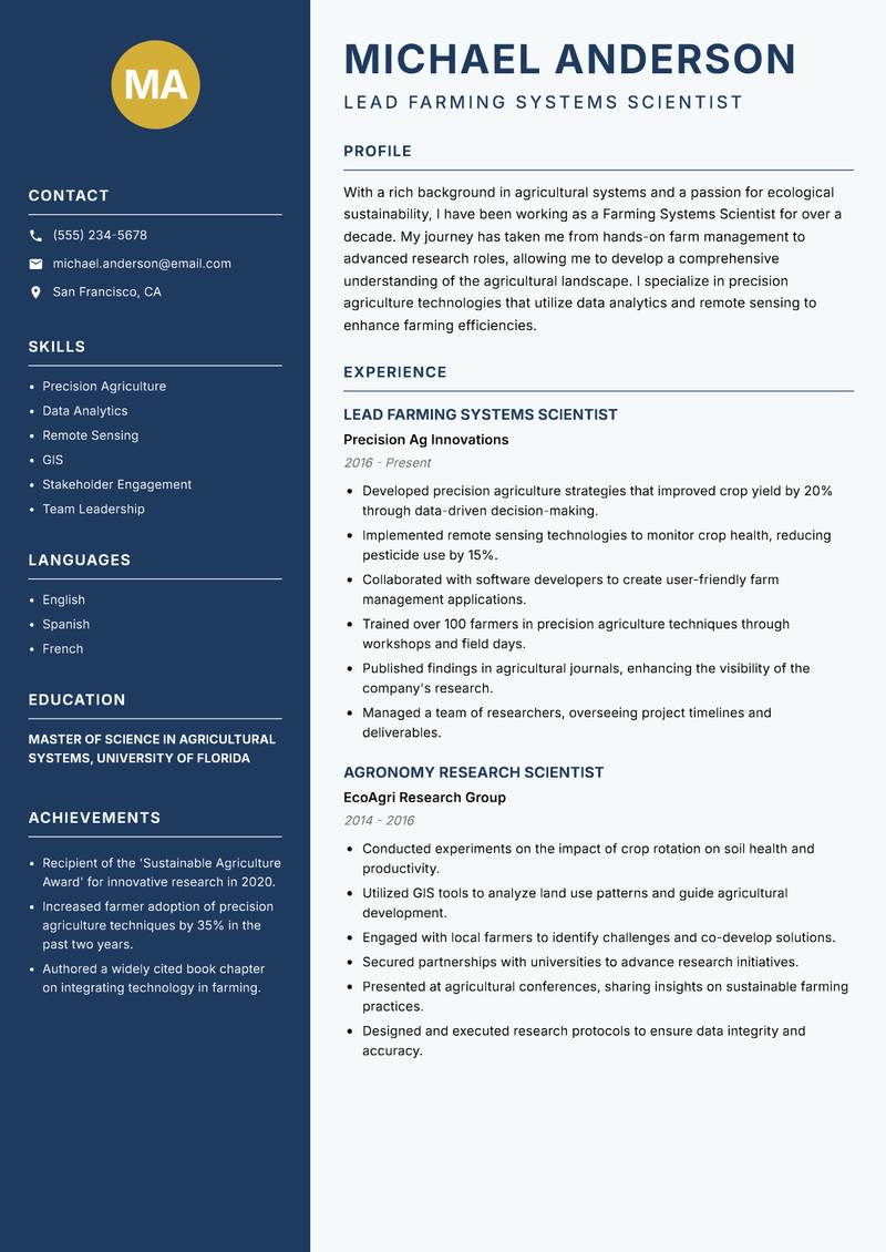 Farming Systems Scientist resume sample — Lead Farming Systems Scientist focus