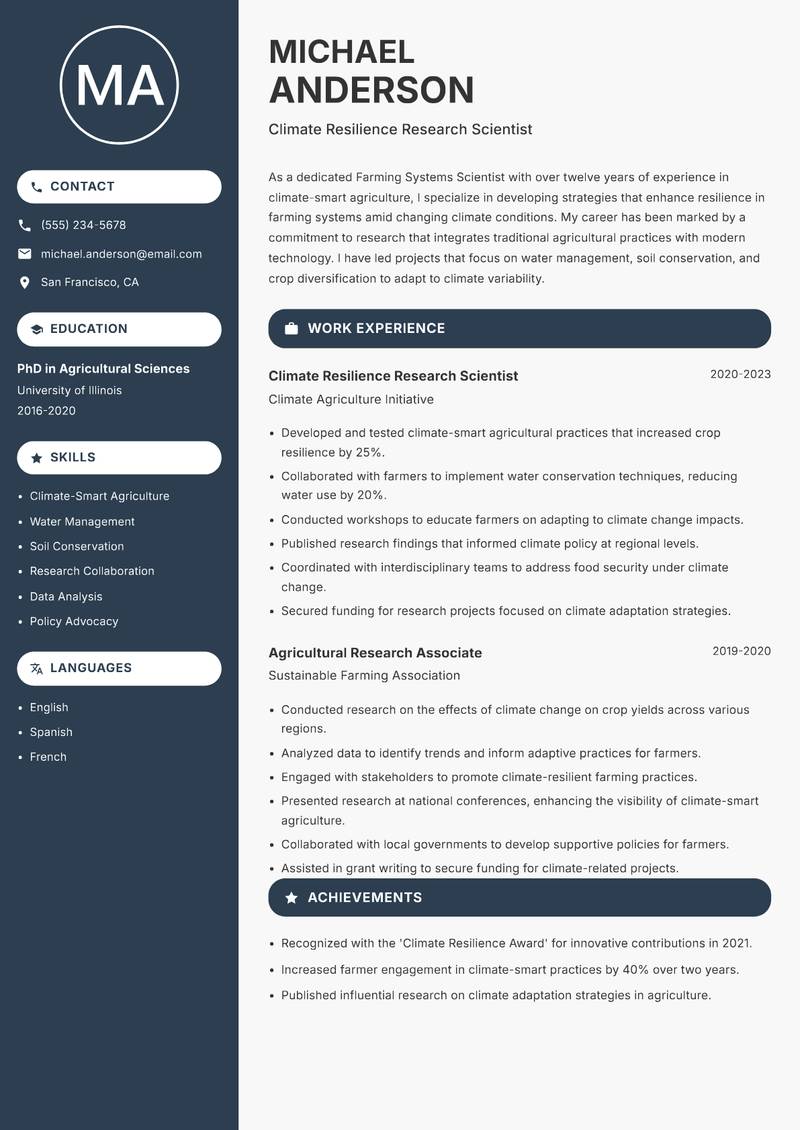 Farming Systems Scientist resume sample — Climate Resilience Research Scientist focus
