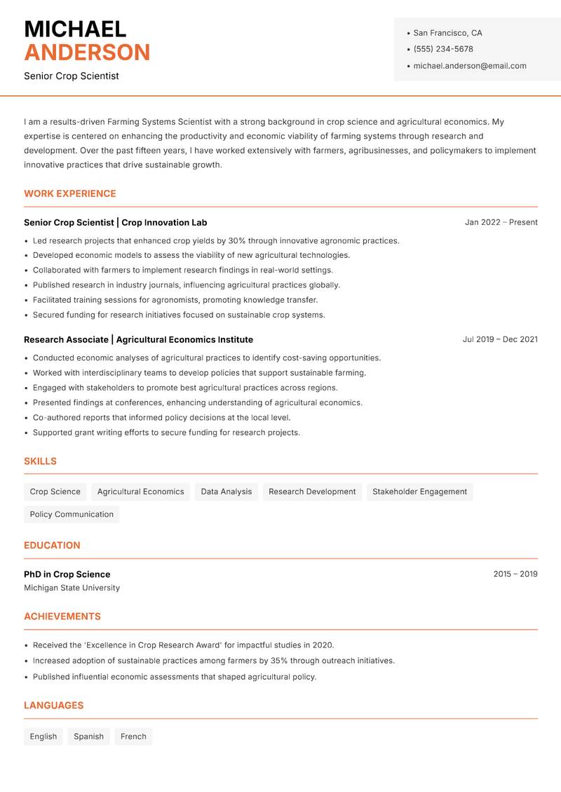 Farming Systems Scientist resume sample — Senior Crop Scientist focus