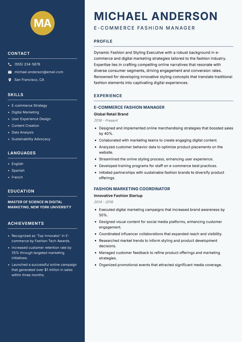 Fashion and Styling Executive resume sample — E-commerce Fashion Manager focus
