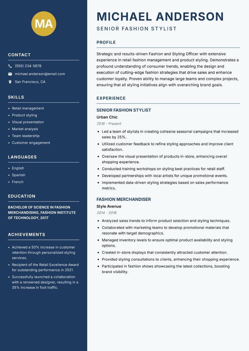 Fashion and Styling Officer resume sample — Senior Fashion Stylist focus