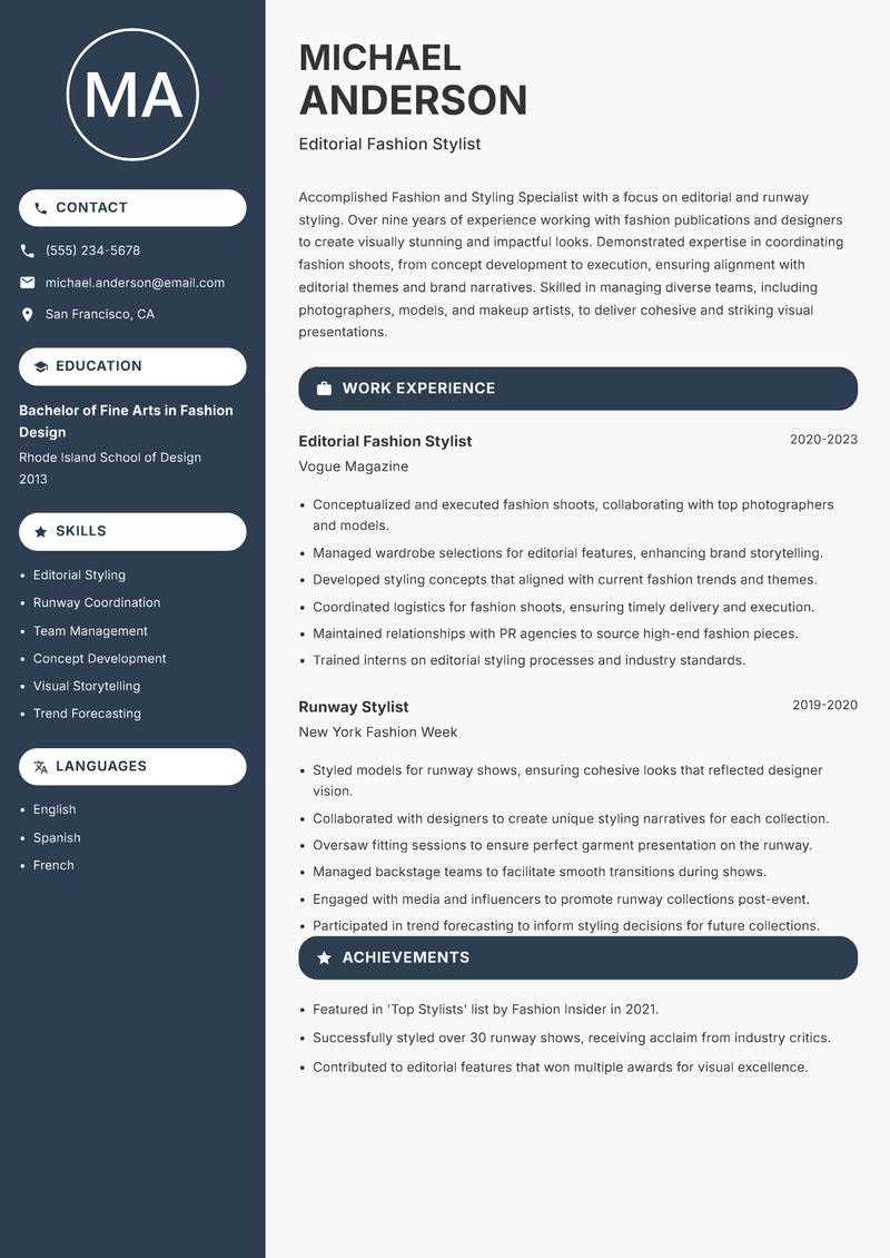 Fashion and Styling Specialist resume sample — Editorial Fashion Stylist focus